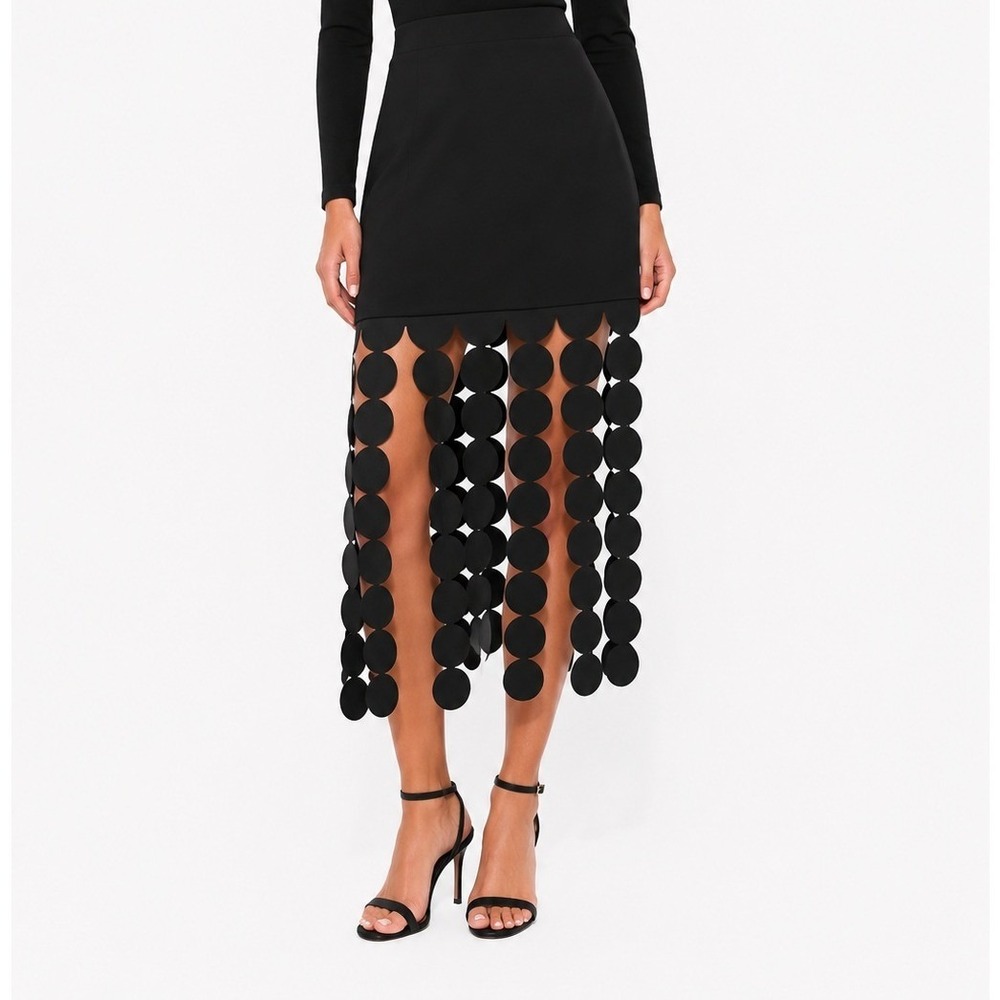 Black Midi Skirt with Circular Fringe Panels